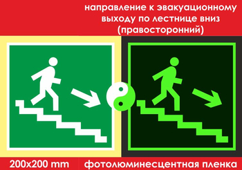 E13 направление к эвакуационному выходу по лестнице вниз (правосторонний) (ГОСТ 34428-2018, фотолюминесцентная пленка, 200х200 мм) - Знаки безопасности - Фотолюминесцентные знаки - ohrana.inoy.org