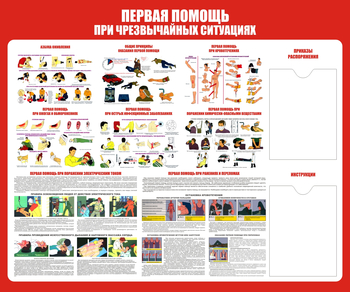 С19 Стенд первая помощь (при чрезвычайных ситуациях) (1200х1000 мм, карманы, пластик ПВХ 3 мм, алюминиевый багет серебряного цвета) - Стенды - Стенды по первой медицинской помощи - ohrana.inoy.org